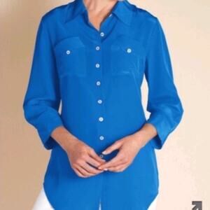 Soft Surroundings silk blue button front shirt L P